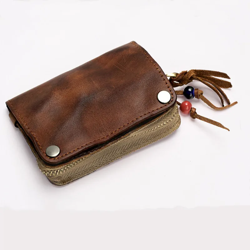 Vintage Genuine Leather Key Holder Cowhide Men Women Key Wallet Organizer Pouch Car Keychain Housekeeper Key Case Card Bag