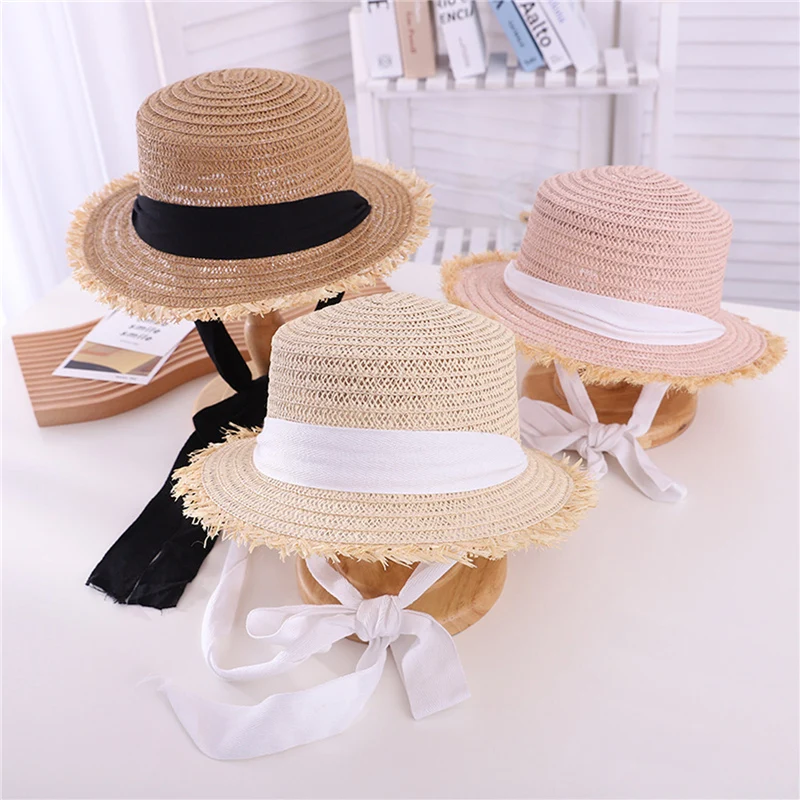 Toddler Girls Straw Boater Hat Wide Brim UV Protection Flat Top Sun Hat with Letter Bowknot