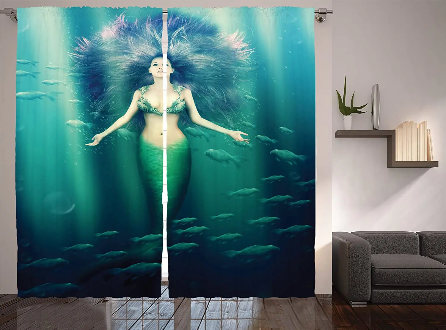 Mermaid Curtains Mermaid with Fish in Sunbeams Sun Rays Underwater World Living Room Bedroom Window Drapes