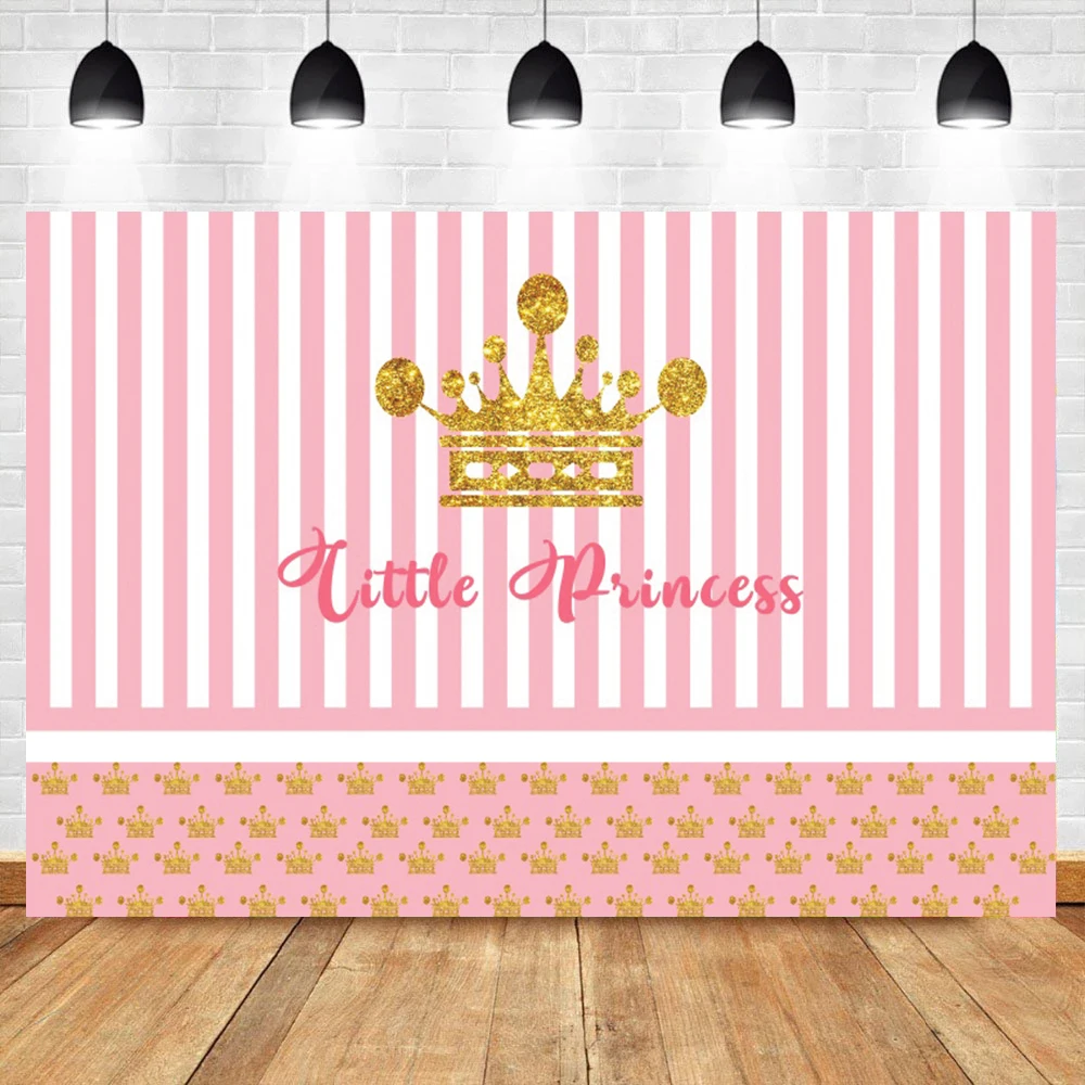 Laeacco Gold Crown Little Princess Backdrop Photography Pink White Stripes Girl Women Birthday Party Customized Photo Background