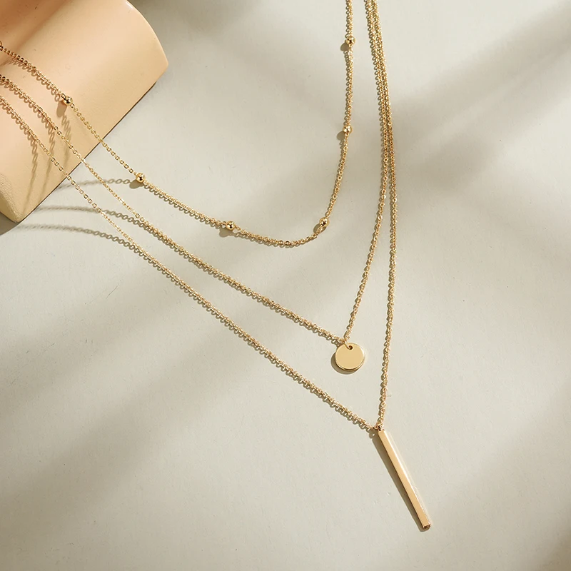 925 Sterling Silver Gold Color Simple Three Layers Necklace  Smooth Long Strip Pendants Women Wedding Gift Fine Accessories