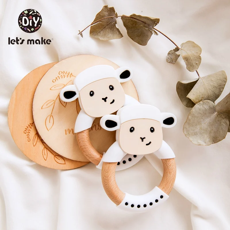 

Let's Make 1pc Wooden Teether Food Grade Beech Wood Teething Ring Sheep Shape Bpa Free Silicone Animal 4-6 Months Baby Teethers