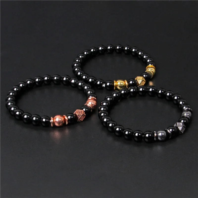 Handmade Men Bracelet Black Onyx Beads Bracelet Round Metal Ball Charm Yoga Healing Bracelet Energy Jewelry Homme Gifts Male