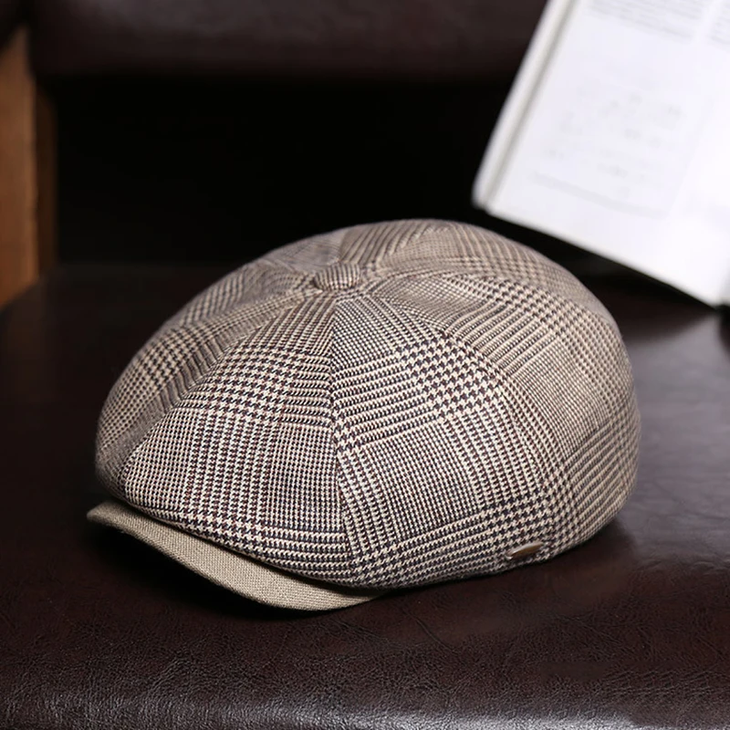 Pure Linen Plaid Newsboy Hat Men Women Gatsby Cap Retro Light Blue Beret Hat Spring Autumn Winter British Painters Hat BLM390