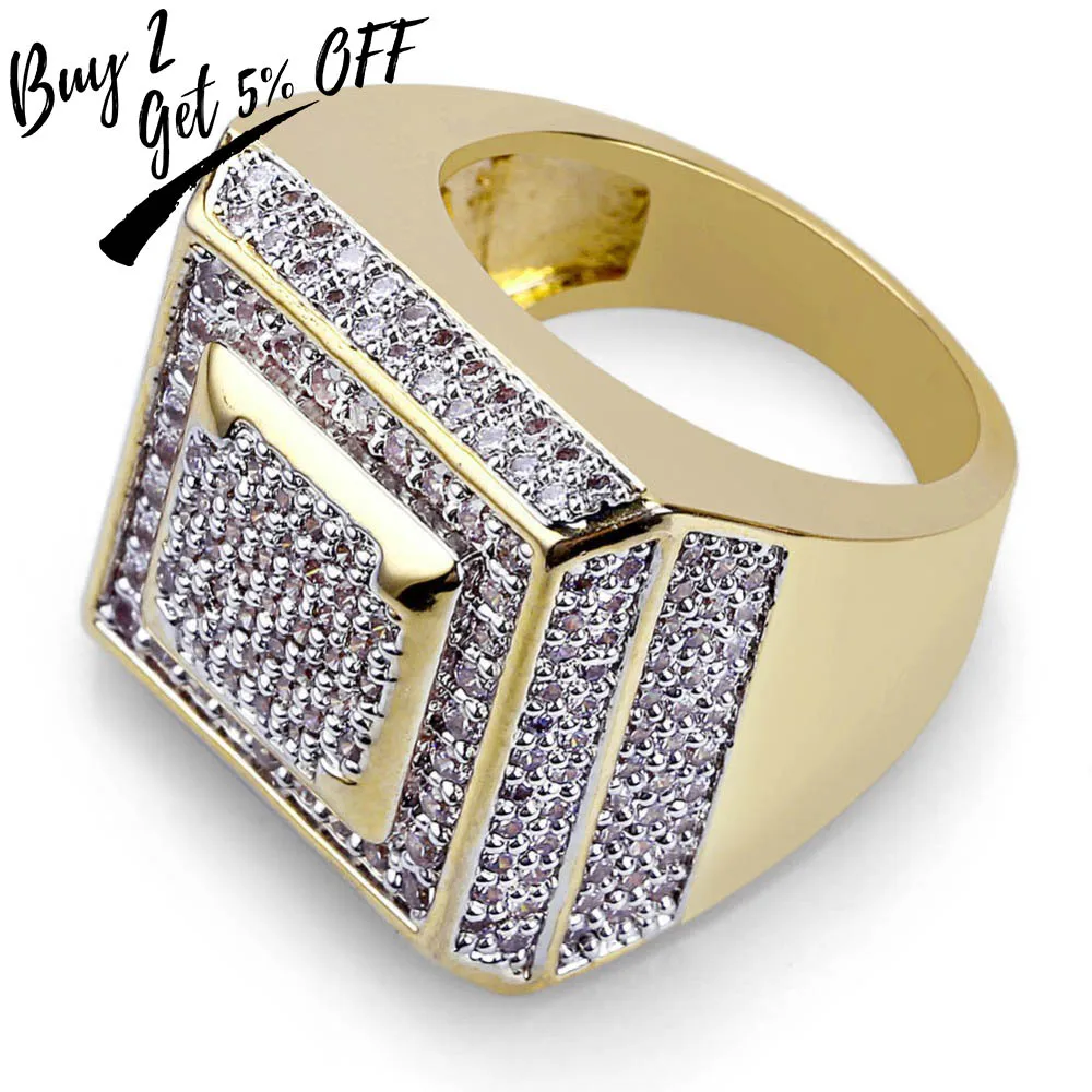 TOPGRILLZ Hip Hop Men Ring Copper Gold Color Plated Iced Out Micro Pave Cubic Zircon Square Rings With 7,8,9,10,11 Five Sizes