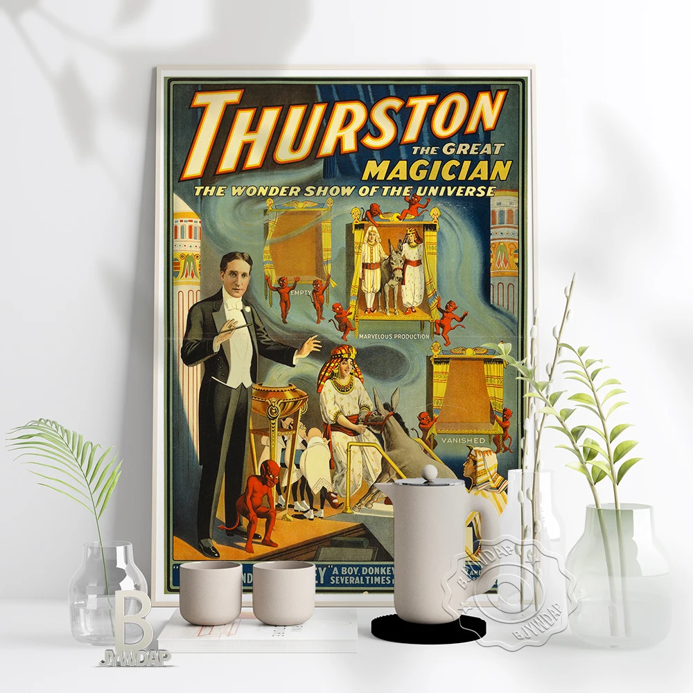 1890-1910 Vaudeville Act Poster, Thurston The Magician Performing Act Donkey Conjuring Art Prints, Vintage Nostalgic Home Decor