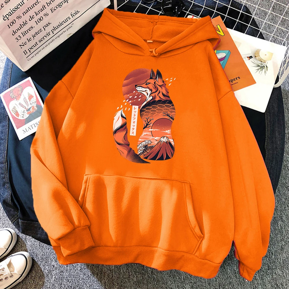 Men's Hoodie Anime Cartoons Japanese Fox Ukiyo E Print Clothes Autumn Warm Thicken Hooded Pullover Sweatshirt Harajuku Clothes