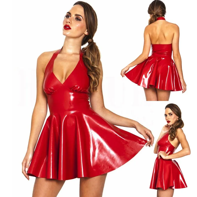 

Sexy wetlook PVC leather solid mini dress women sexy backless sleeveless party clubwear dress plus size red black short dress