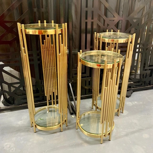 3pcs/set)Tall Gold Metal Round Flower Stand Wedding Centerpieces With acrylic Top Plate plinth stand yudao1266