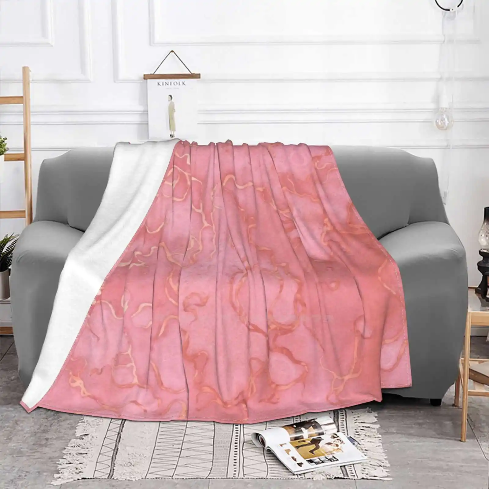 Watercolor Pink And Rose Gold Marble New Selling Custom Print Flannel Soft Blanket Stone Gem Mineral Rockhound Precious Stones