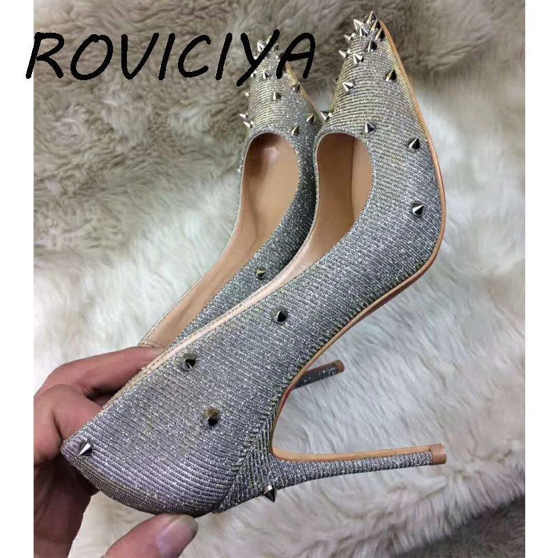 

12cm Stilettos Silver Rivet Ladies Shoes party Wedding Shoes Women Pumps Pointed Toe Sexy MD016 ROVICIYA