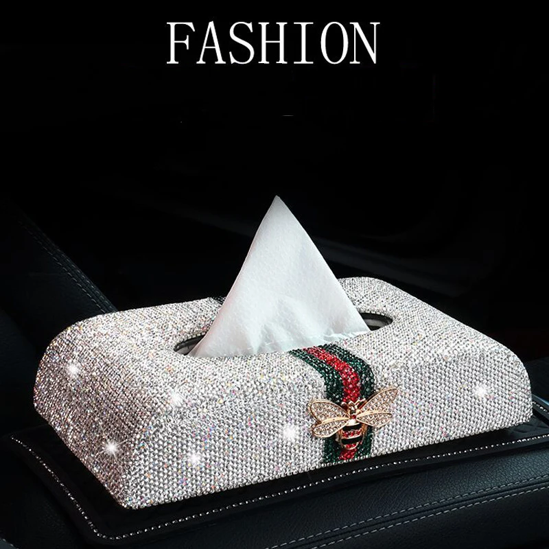 Luxury Full Rhinestones Car Tissue Box Holder Butterfly Dashboard Napkin Organizer Storage For Mercedes Girls Women Accessories