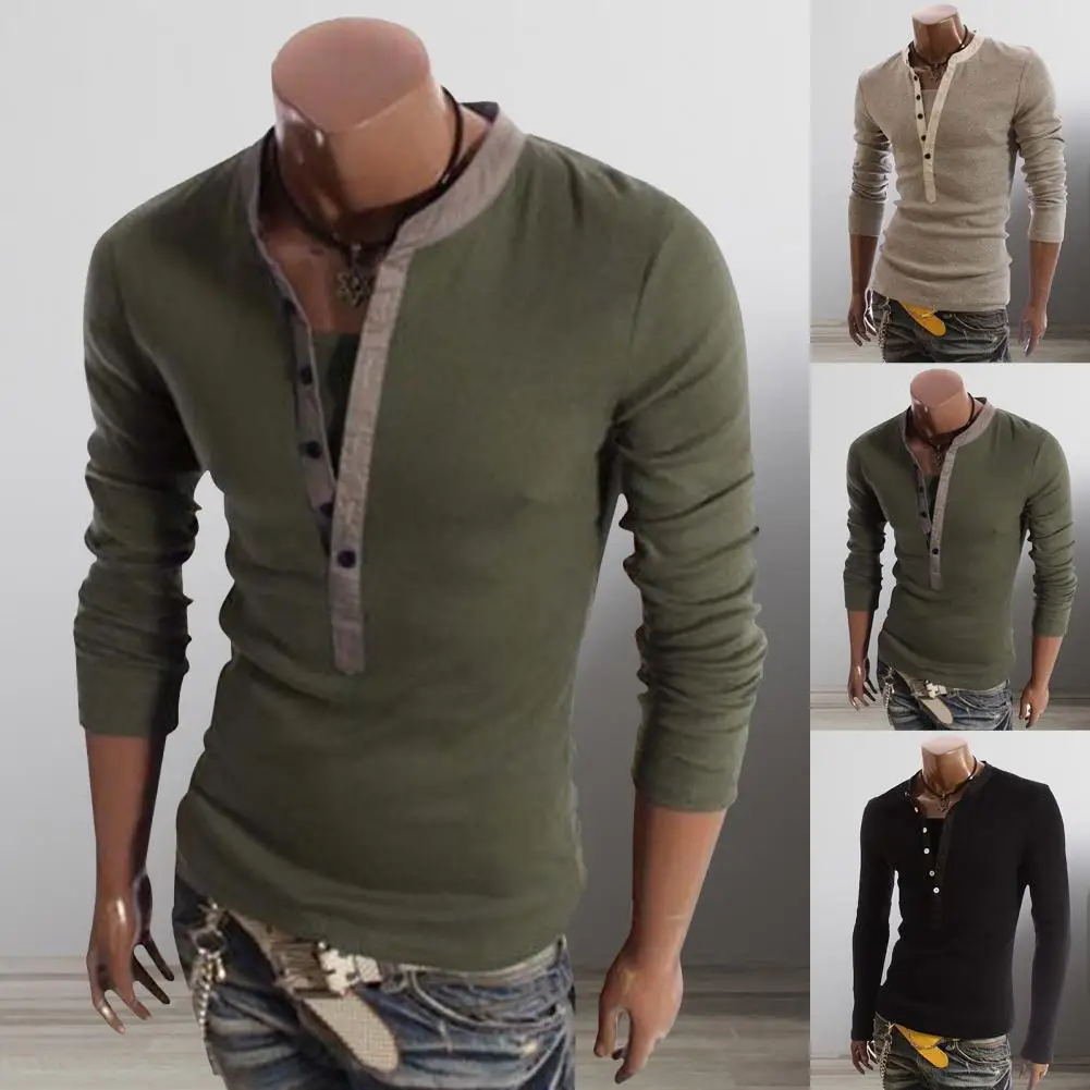 New T-Shirt Men Spring Cotton T Shirt Men Solid Color Tshirt Single-breasted  Collar Long Sleeve Top Men Slim Tee Fit Shirts 3XL