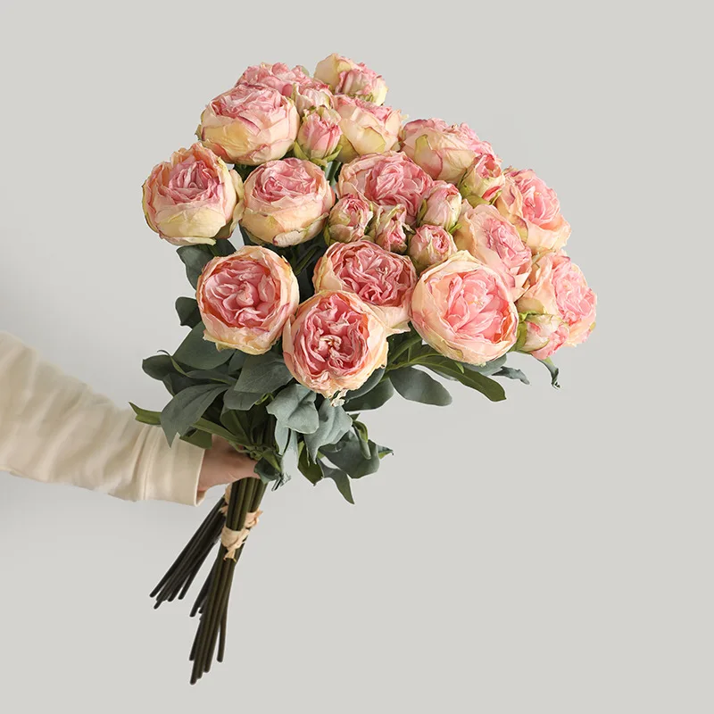 10Heads/bunch Luxury coked edge roses with leaves artificial flowers flores artificiales bouquet mariage roses