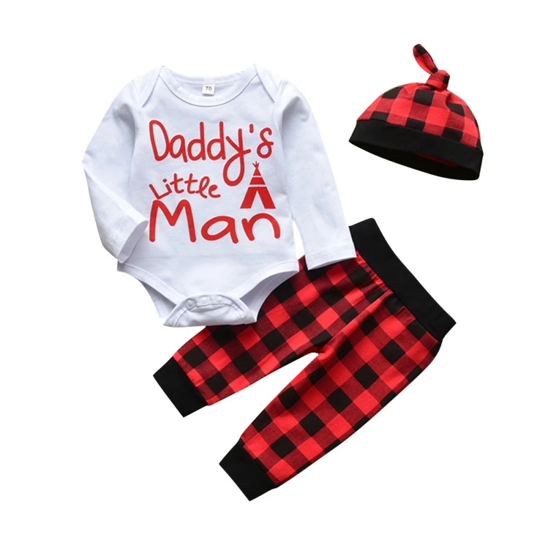 

Autumn Baby Girls Boys Instagramable Outfits Set Long Sleeve Round Neck Letter Print Romper Plaid Pants Hat Set Kids Clothing