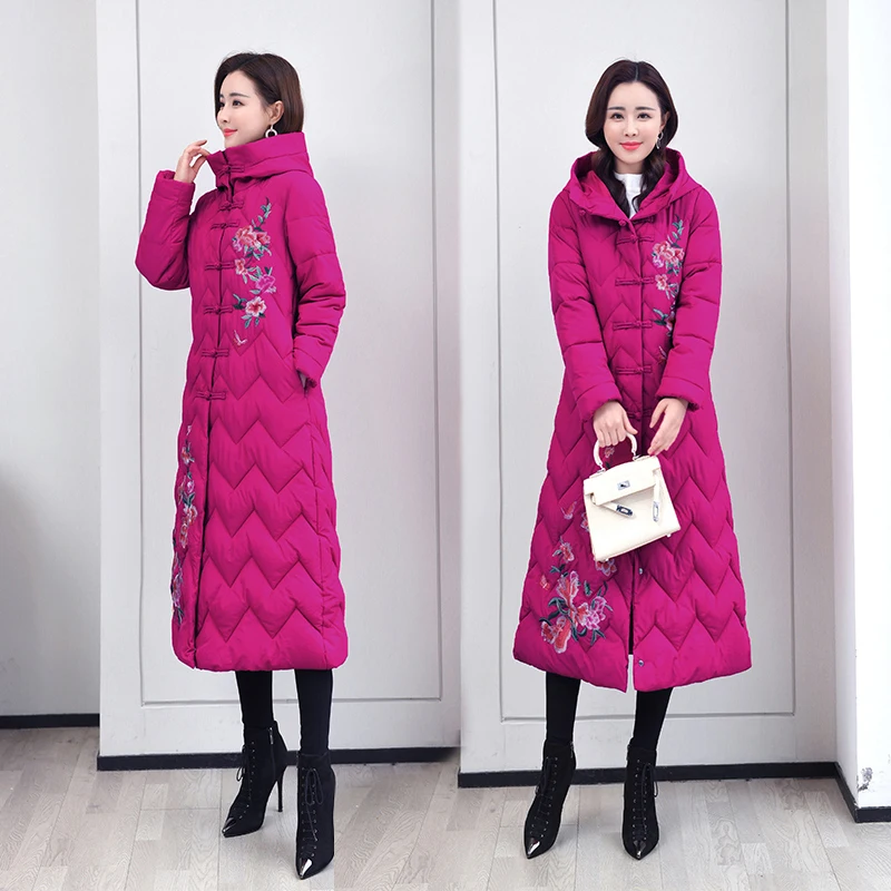 2023 Autumn Winter Femme Top Down Cotton Jacket Women Korean Hooded Long Warm Padded Coat Embroidery Female Overcoat H1848