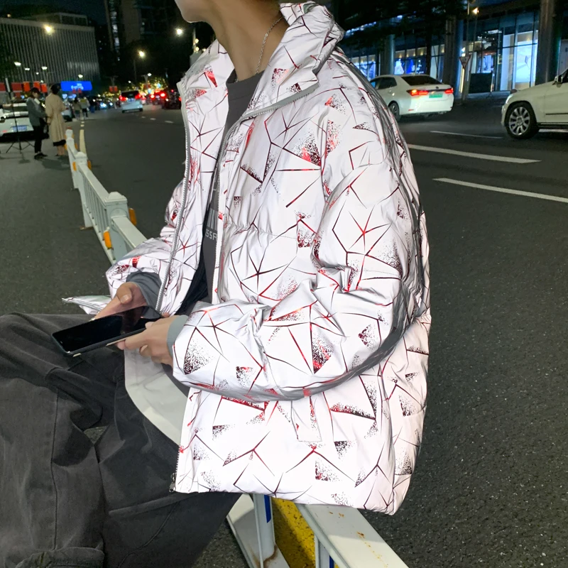 Pop Winter Jacket Men Reflective Blue Red Printed Harajuku Parkas Coat Oversized High Street Hip Hop Warm Cotton Coat Outwear