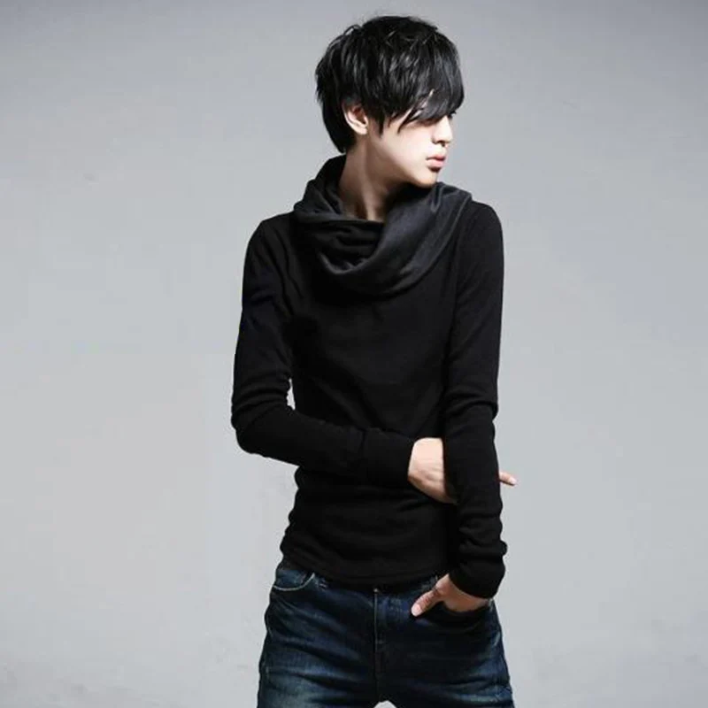 New fashion Korean version of the trend of autumn and winter pile collar personalized hair stylist men\'s long-sleeved Slim T-shi