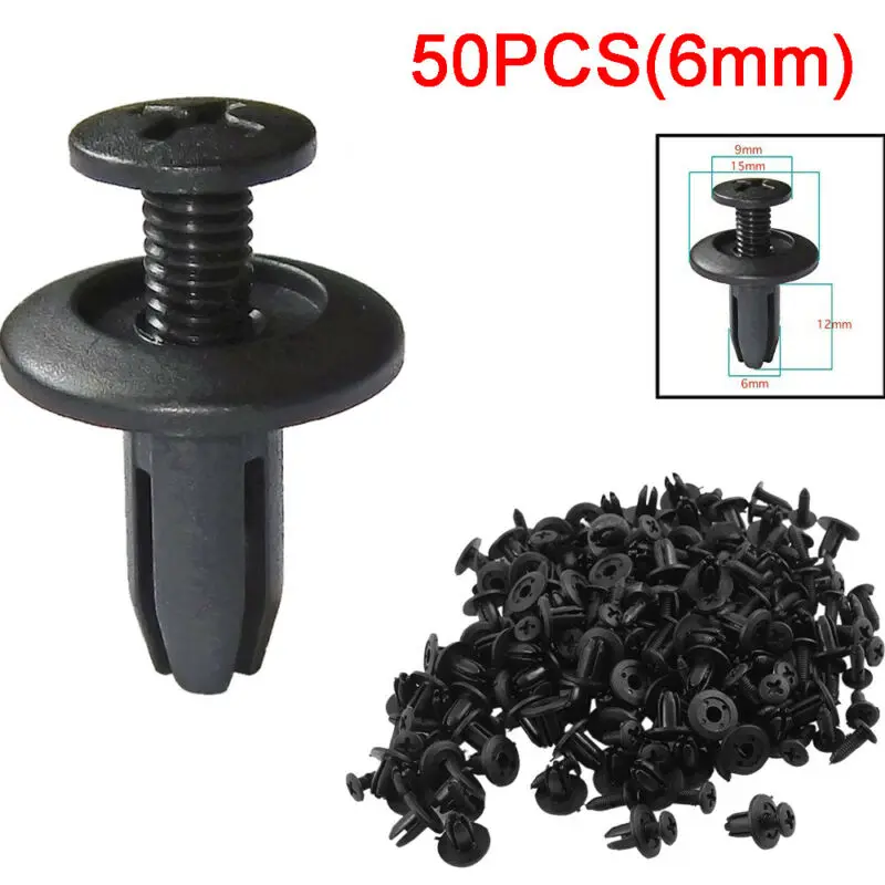 50pcs Car Body 6mm Hole Dia Plastic Rivets Fastener Fender Bumper Push Pin Black Universal Car Fasteners Clip Auto Accessories