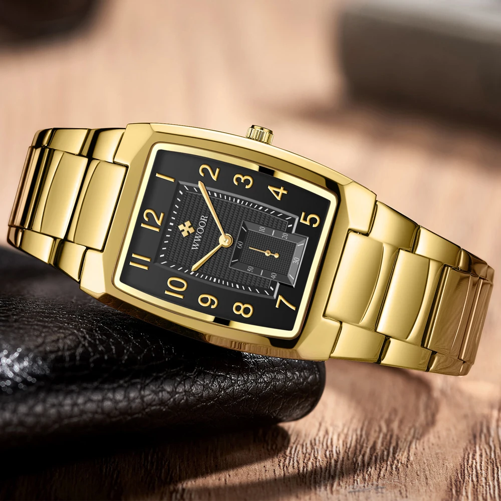 WWOOR-Reloj de pulsera cuadrado para hombre, cronógrafo de cuarzo de acero inoxidable, resistente al agua, color dorado y negro, 2024