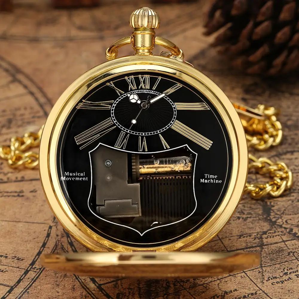 Golden Male Music Pocket Watch Retro Roman Numeral Dial Pocket Watch Wonderful Swan Lake Music Thick Chain Pendant New Year Gift