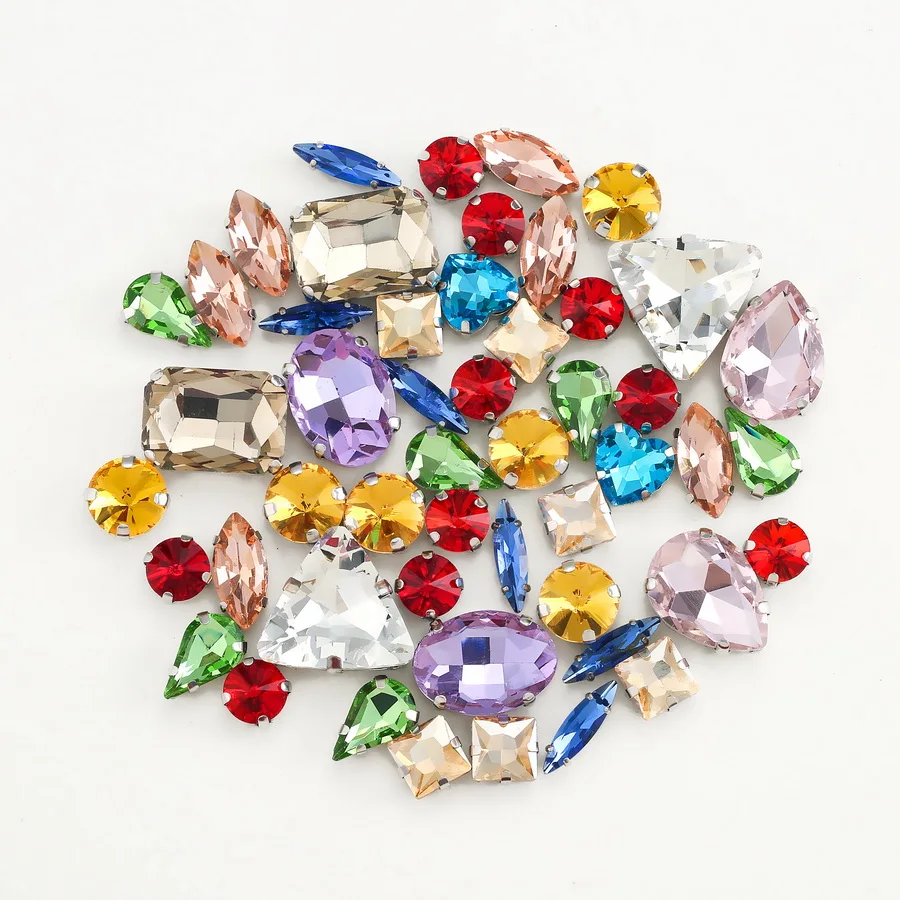 Silberne Krallenfassungen, 50 Stück/Beutel, verschiedene Formen, Jelly Candy Weiß, Glaskristall zum Aufnähen, Strass für Hochzeitskleider, Schuhe, Taschen, DIY – Detail 6