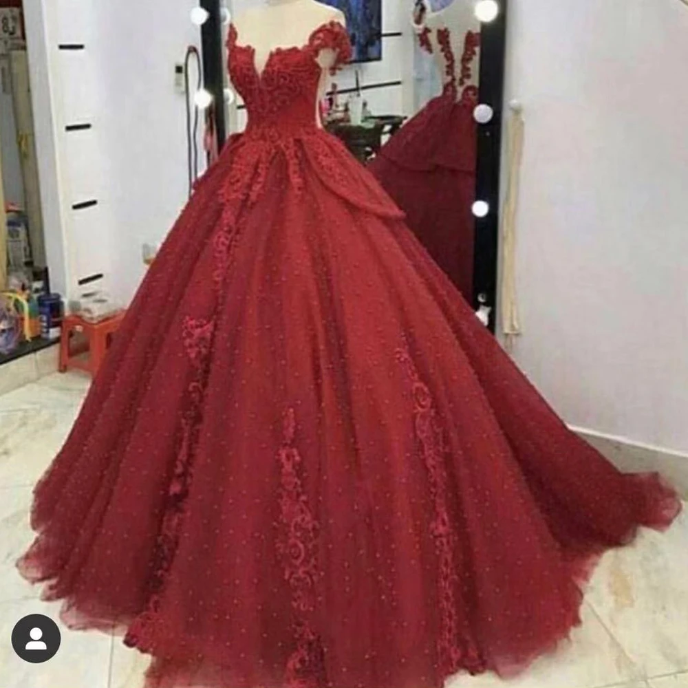 red prom dresses 2020 sweetheart neckline lace appliques beading sequins ball gown pearls evening dresses