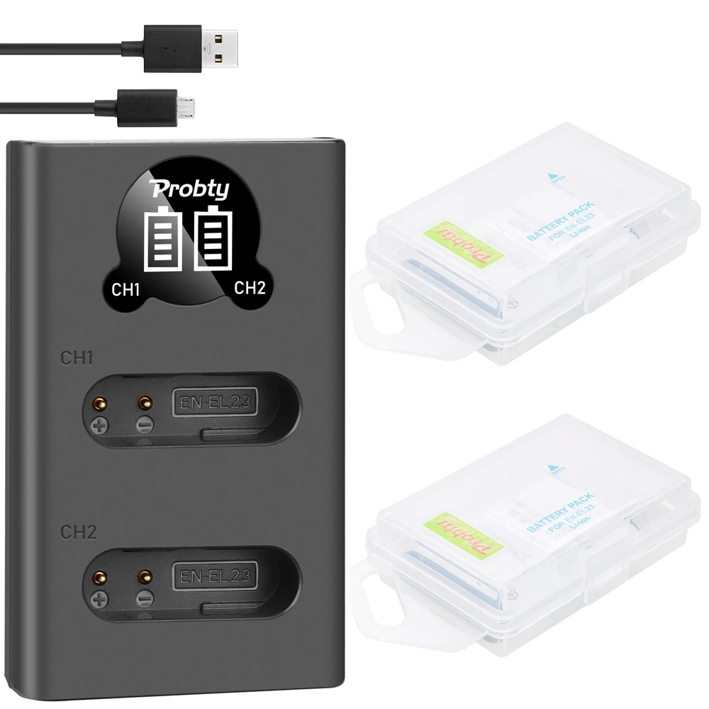 2 Pcs 1850mAh EN-EL23 ENEL23 EN EL23 Battery +LED Dual Charger For Nikon COOLPIX P900, P610, P600, B700, S810c Camera