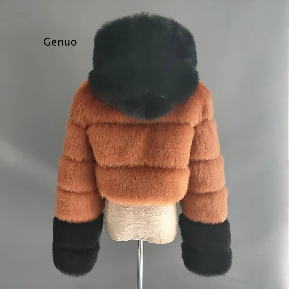 Abrigo mullido de piel sintética para mujer, abrigo de invierno de alta calidad con gorro de piel de zorro con costuras de Color, abrigo de piel a juego