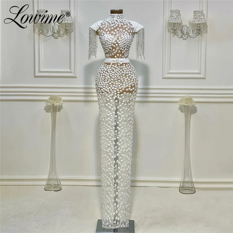 Lowime Pearls Evening Dresses Illusion Capped Sleeves Long Party Gowns 2021 Custom Made Lace Dubai Arabic Mermaid Prom Dress