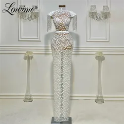 Lowime Pearls Evening Dresses Illusion Capped Sleeves Long Party Gowns 2021 Custom Made Lace Dubai Arabic Mermaid Prom Dress