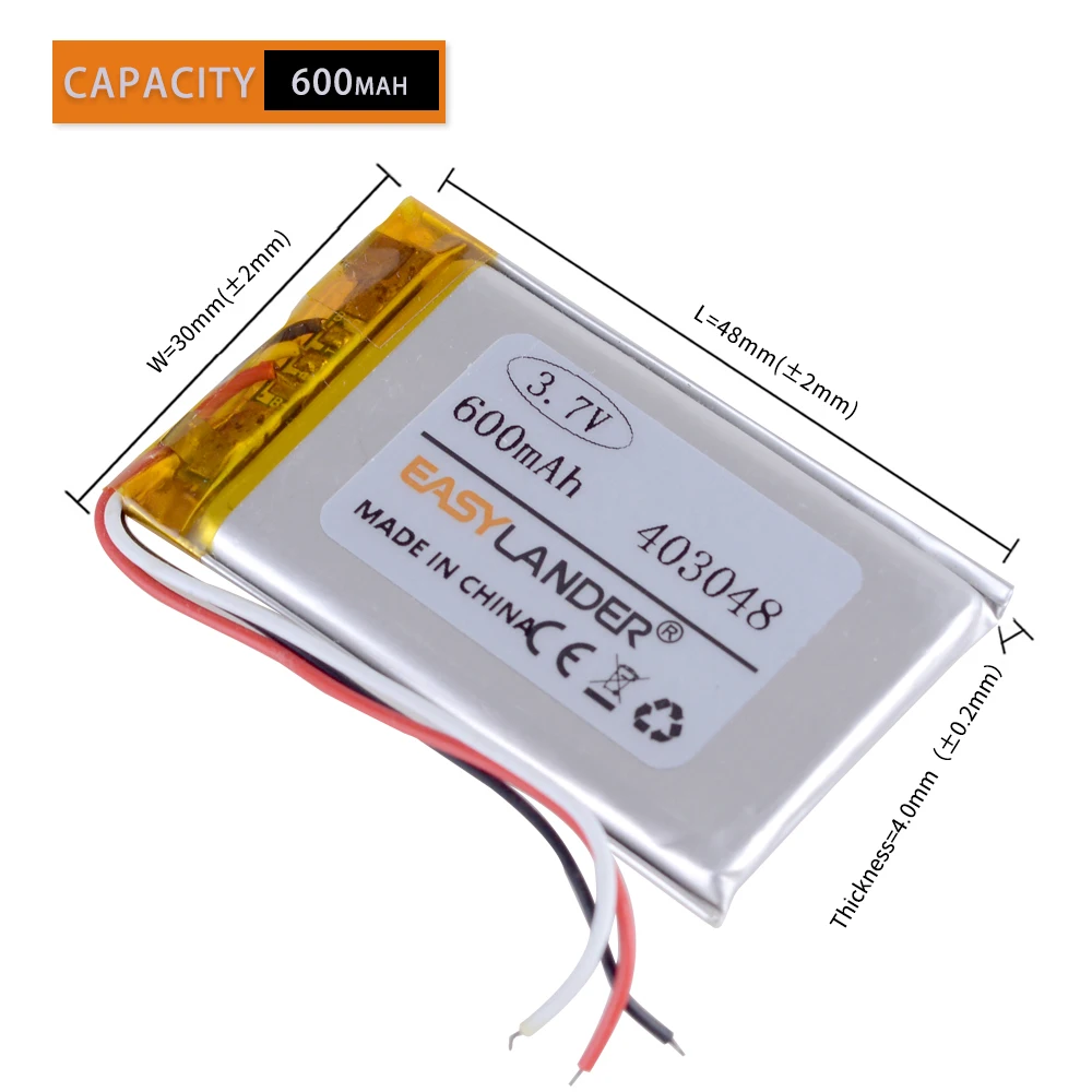 3-przewodowy 403048 3.7V 600mAh akumulator polimer li litowo-jonowy do mp4 mp5 rejestrator głośnik do telefonu DVR GPS małe zabawki 043048