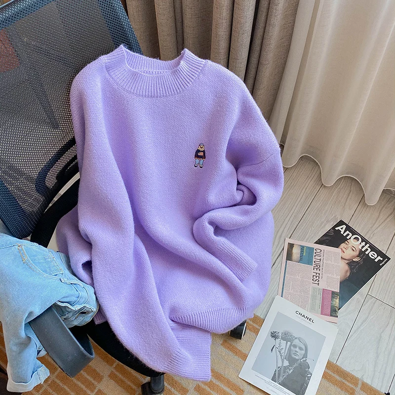 Autumn Winter Women Cartoon Sweaters Bear Cute Pullover O-Neck Long Loose Korean Jumpers Oversized Sweaters Female