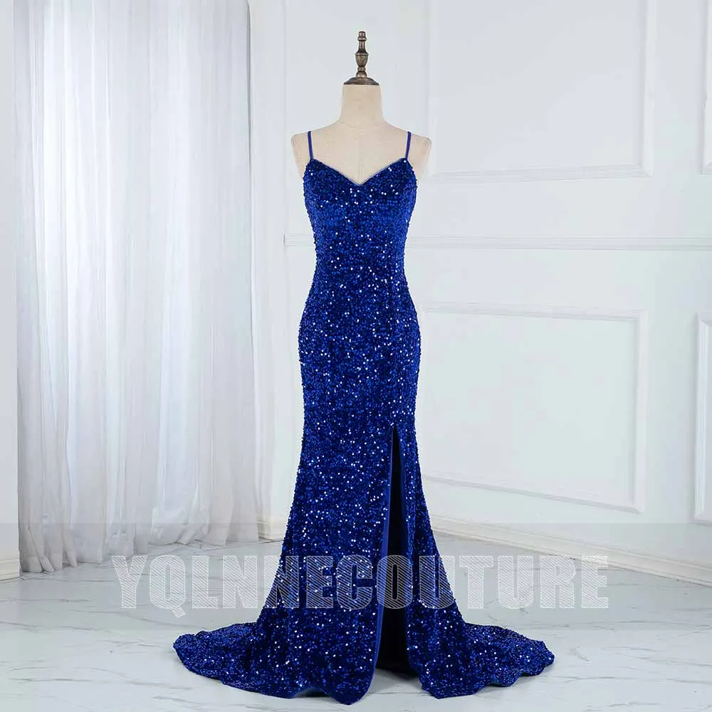 

Sparkling Royal Blue Mermaid Long Prom Dresses Straps Sequined Lace-up Sexy Slit Left Party Gowns Robes De Soirée