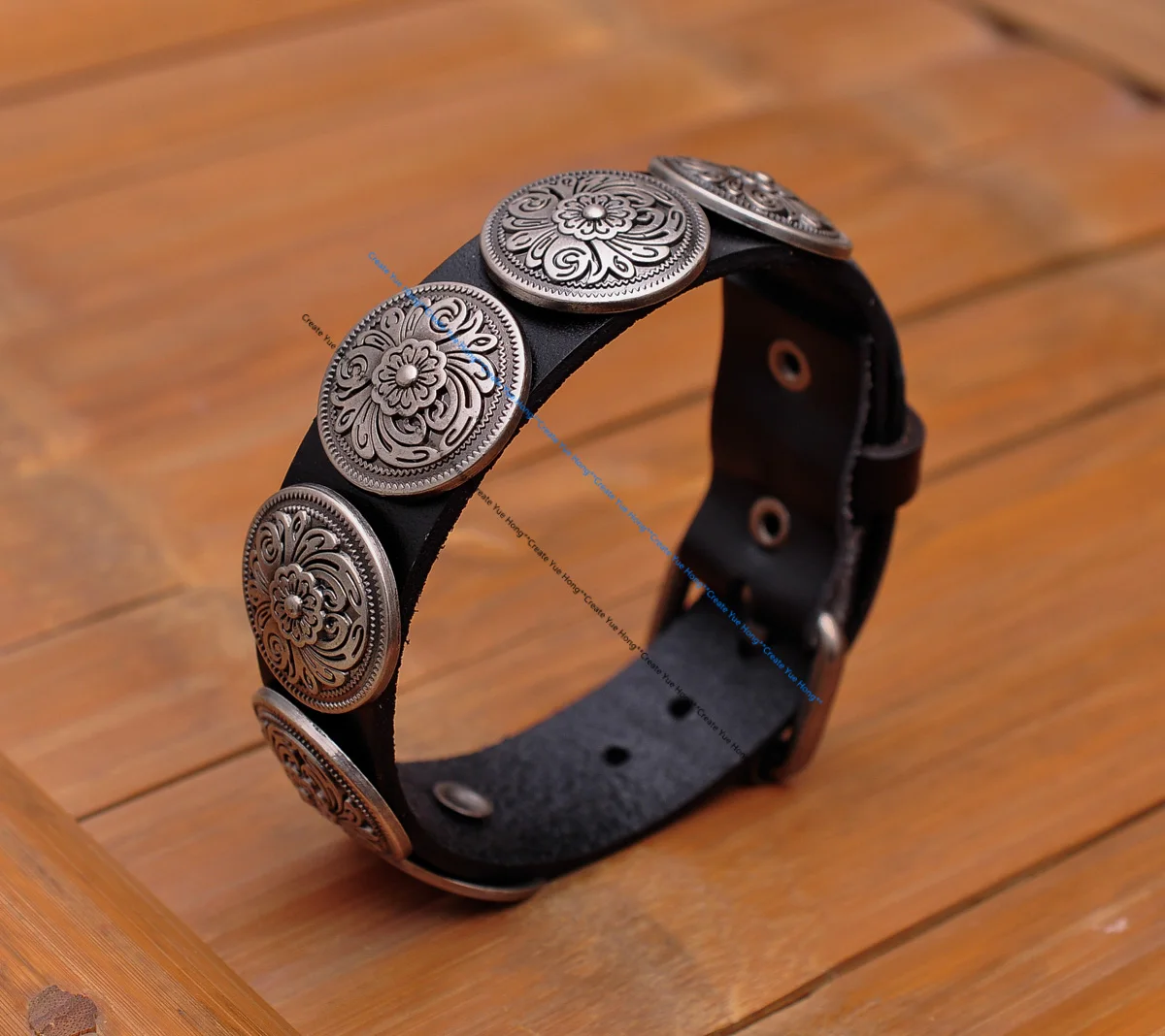 Celtic Biker Western Decor Antique Flower Concho Leathercraft Quality Veg Tan Black Leather Bracelet Wristband Cuff Bangle