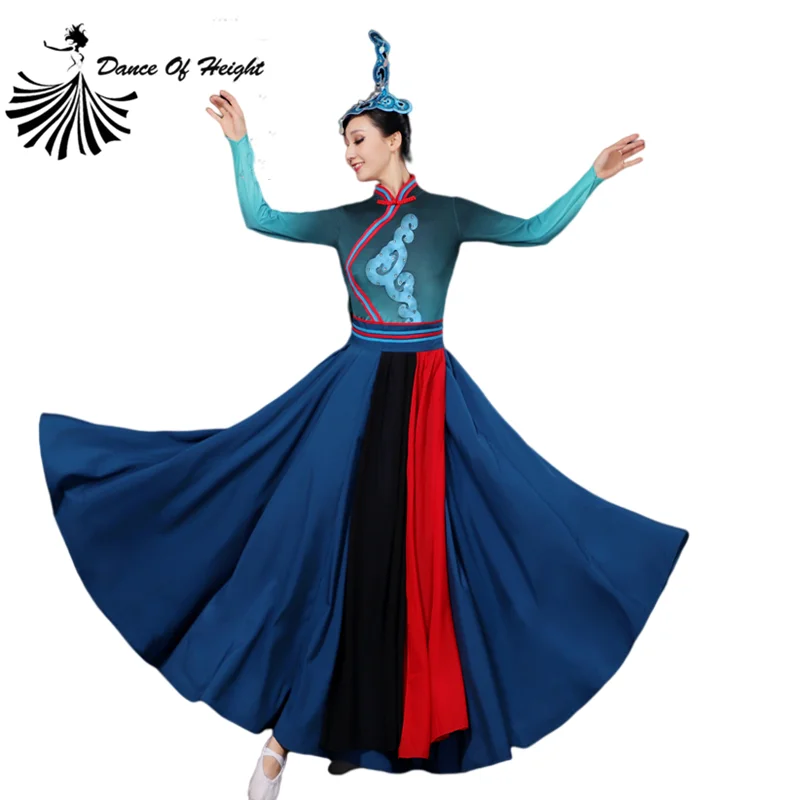 Mongolian Dance Performance Costumes Ethnic Minority Dress Modern Big Swing Skirts Women's Art Test  Hongyan Suit Navy Blue