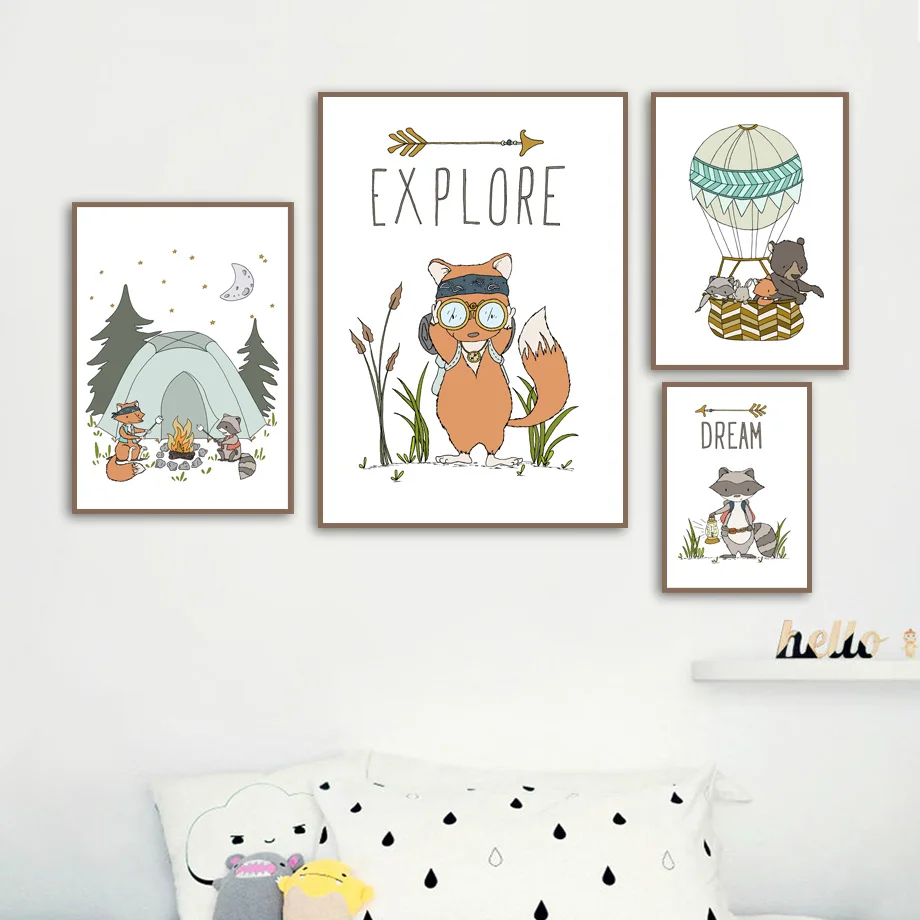 Fox Bear Rabbit Tent Arrow Nursery Wall Art Canvas Painting Cartoon Nordic Posters And Prints Wall Pictures Baby Kids Room Decor