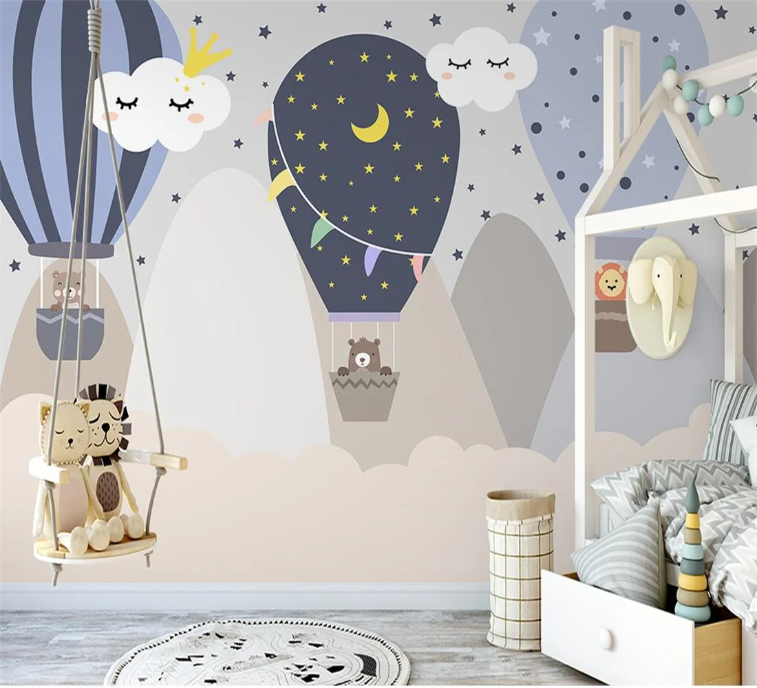 

Customized modern Nordic hand-painted cartoon small animal hot air balloon children's room indoor background wall 3d wallpaper