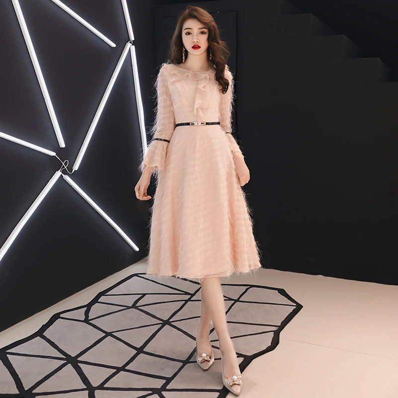 

Evening Dress Fashion Simple Ruched O-Neck A-Line Empire Full Sleeves Zipper Back Pink Tea-Length Woman Formal Party Gowns A1525