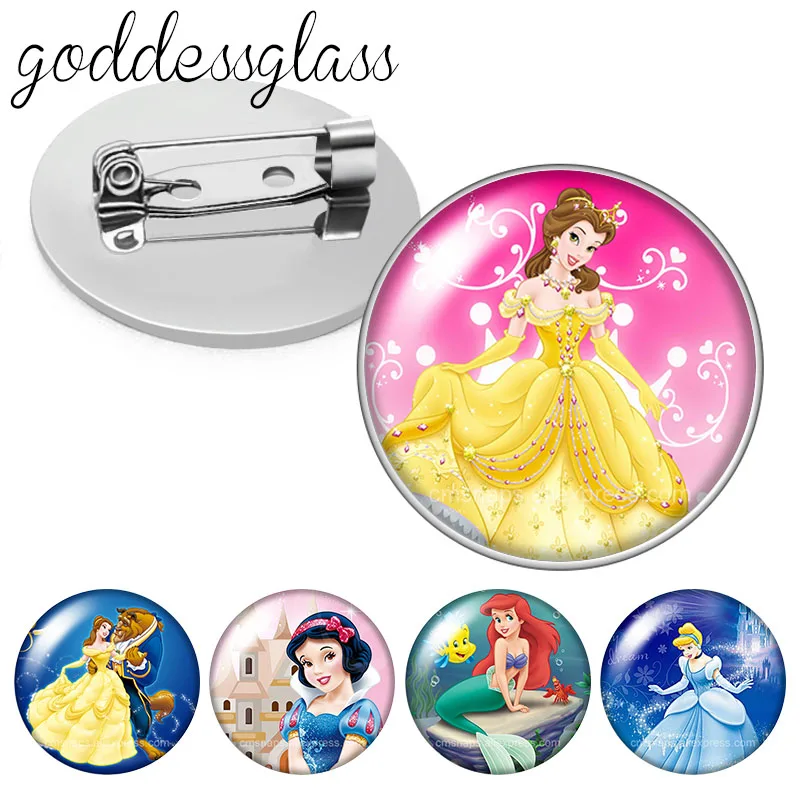 Princesses Belle Snow White Mermaid Round cabochon Brooch pinback button Bag Clothes Denim Jeans Lapel Pin Badge Jewelry Gift