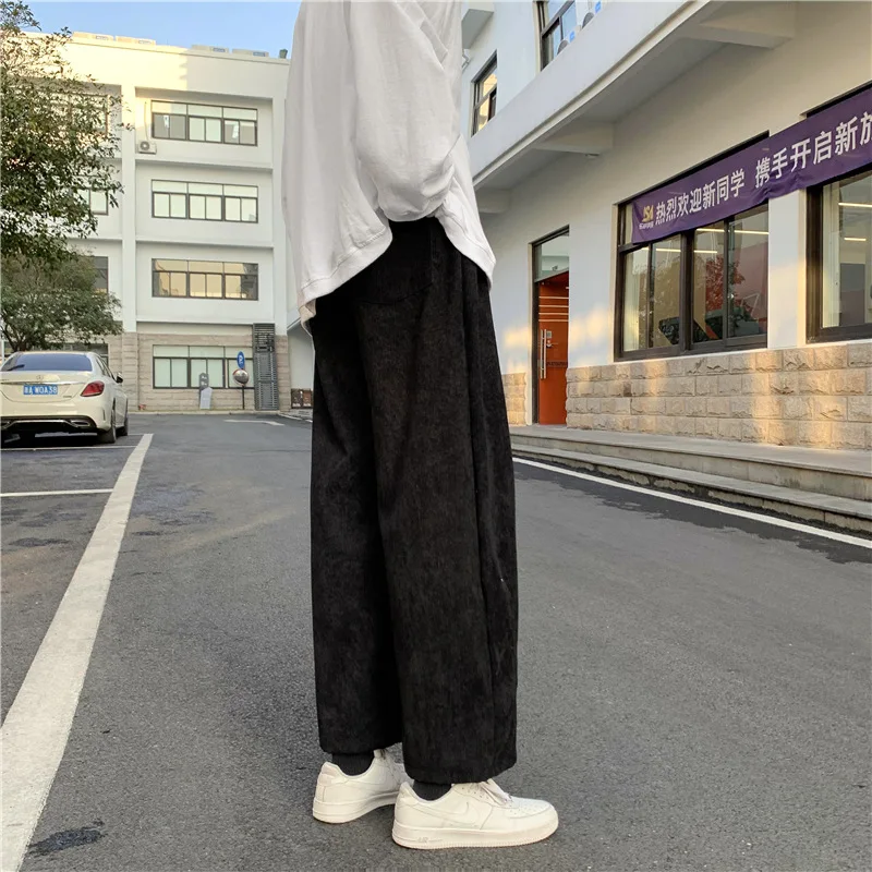 Men Casual Pants Plus Size 3XL Solid Corduroy Straight Trousers Male Loose Ins Chic Elastic Waist Trendy Korean Style Streetwear