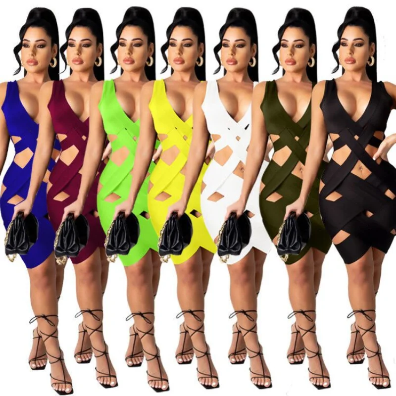 

Summer Women Solid Cross Hollow Out Bandage Tank Dress Sexy Deep V Neck Sleeveless Backless Bodycon Midi Night Club Wear