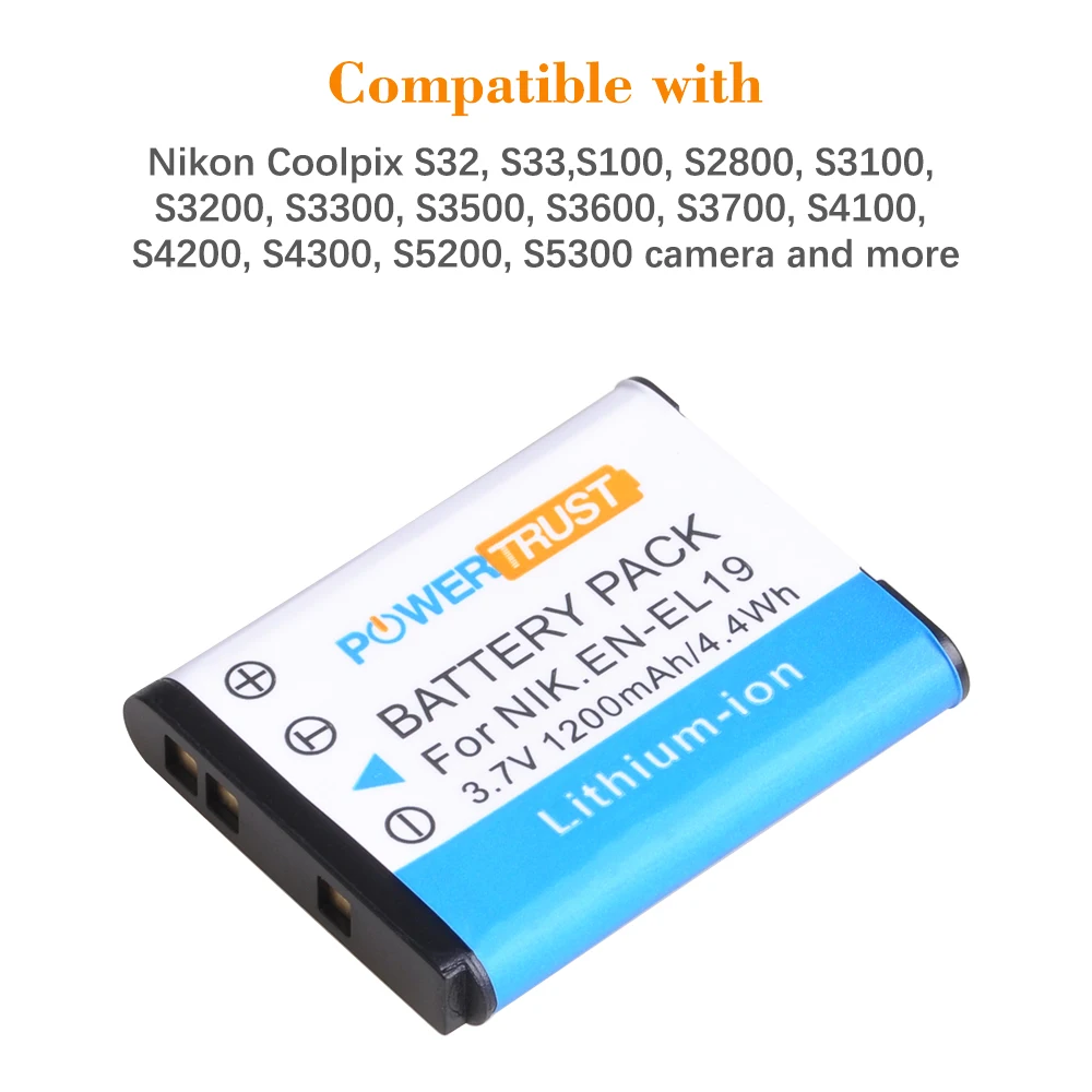 PowerTrust 1200mAh EN-EL19 ENEL19 EN EL19 EL19 Battery for Nikon S100 S2500 S2600 S3100 S6400 S4100 S4150 S3300 S4300 Camera