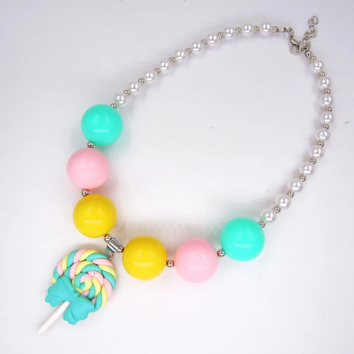 HOT Cute Kids Girl Birthday Gift Bow Lollipop Chunky 8mm Pearl Bubblegum Necklaces Hair Clip Pin Jewelry Set Toy For Child Girls