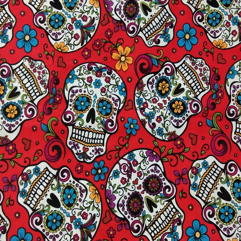 25x23cm 4pcs Quality Halloween Black Red Poker Flower Skull Printed Cotton Fabric Bundle DIY Sewing Patchwork Decoration