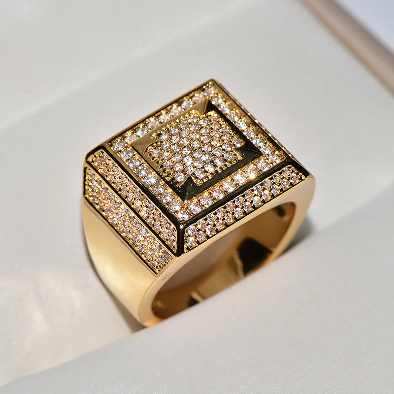 

HOYON 14K Yellow Gold color Ring for Men Hiphop/Rock Natural AAA Carat Diamond style Gemstone Invisible Setting Rings Male Box