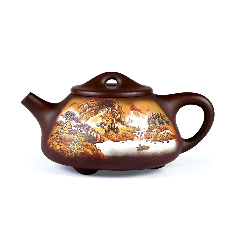 |pure manual mud painting masters the teapot Zhang Xiaoling hand-painted bottom groove landscape stone gourd ladle