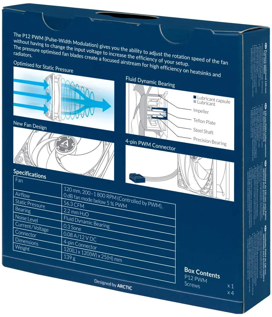 ARCTIC P12 PWM PST чехол вентилятор 120 мм черный и белый, оптимизированный под давлением, тихий двигатель для процессора, скорость вентилятора компьютера 1800 об/мин