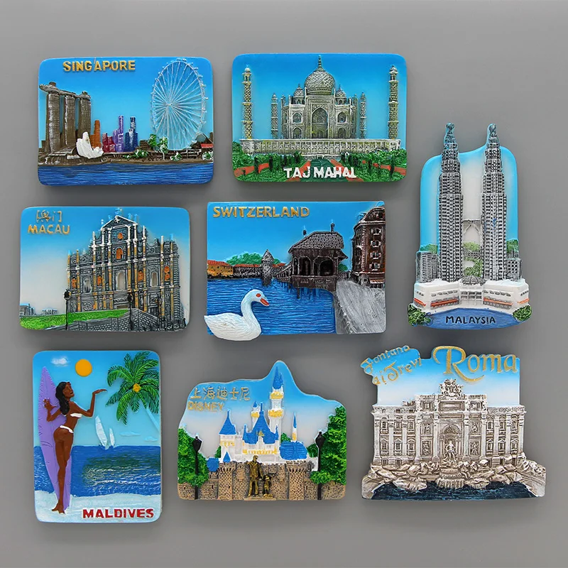 Macao malaysia maldives roma china Shanghai Singapore switzerland Taj Mahal india 3d fridge magnets home decoration