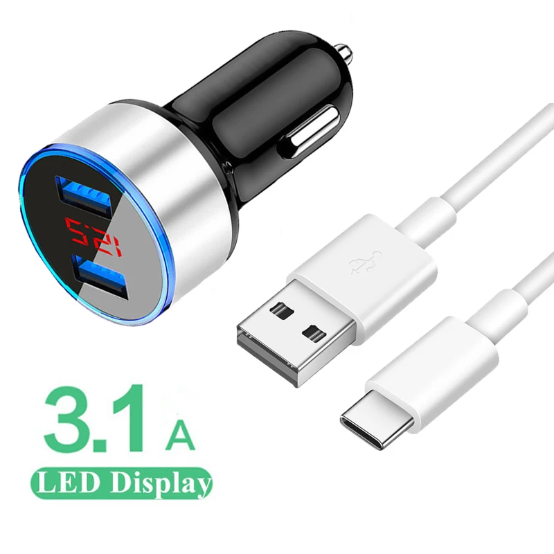 

Car USB Charger For Huawei Y8P Y7A Honor 10X 9X 30 20 Lite 10 9 2A USB Type-c Cable Fast Charging 3.1A Dual USB Phone Charger